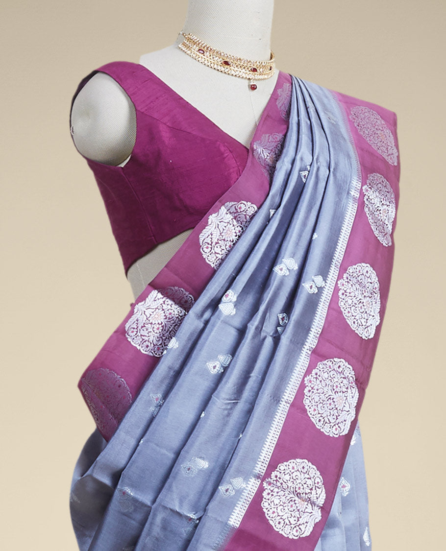 Grey  floral motifs dupion silk saree with contrast round floral motifs zari border Note: slight colour variation of product images due to digital photography or settings on your device