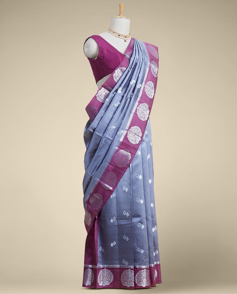 Grey  floral motifs dupion silk saree with contrast round floral motifs zari border Note: slight colour variation of product images due to digital photography or settings on your device