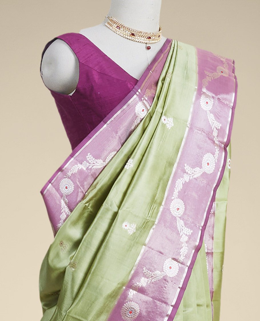 Green floral motifs dupion silk saree with contrast floral vine zari border