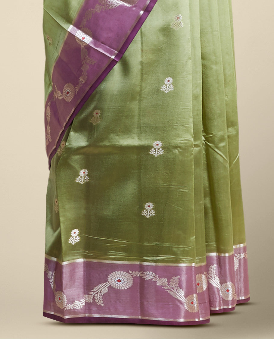 Green floral motifs dupion silk saree with contrast floral vine zari border