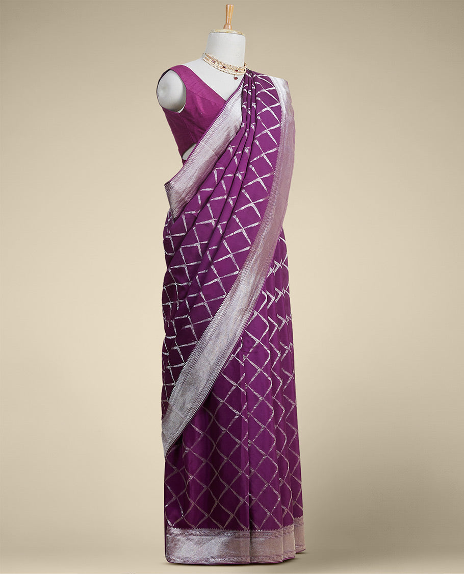 Purple checked mysore silk saree with contrast intricate zari design border