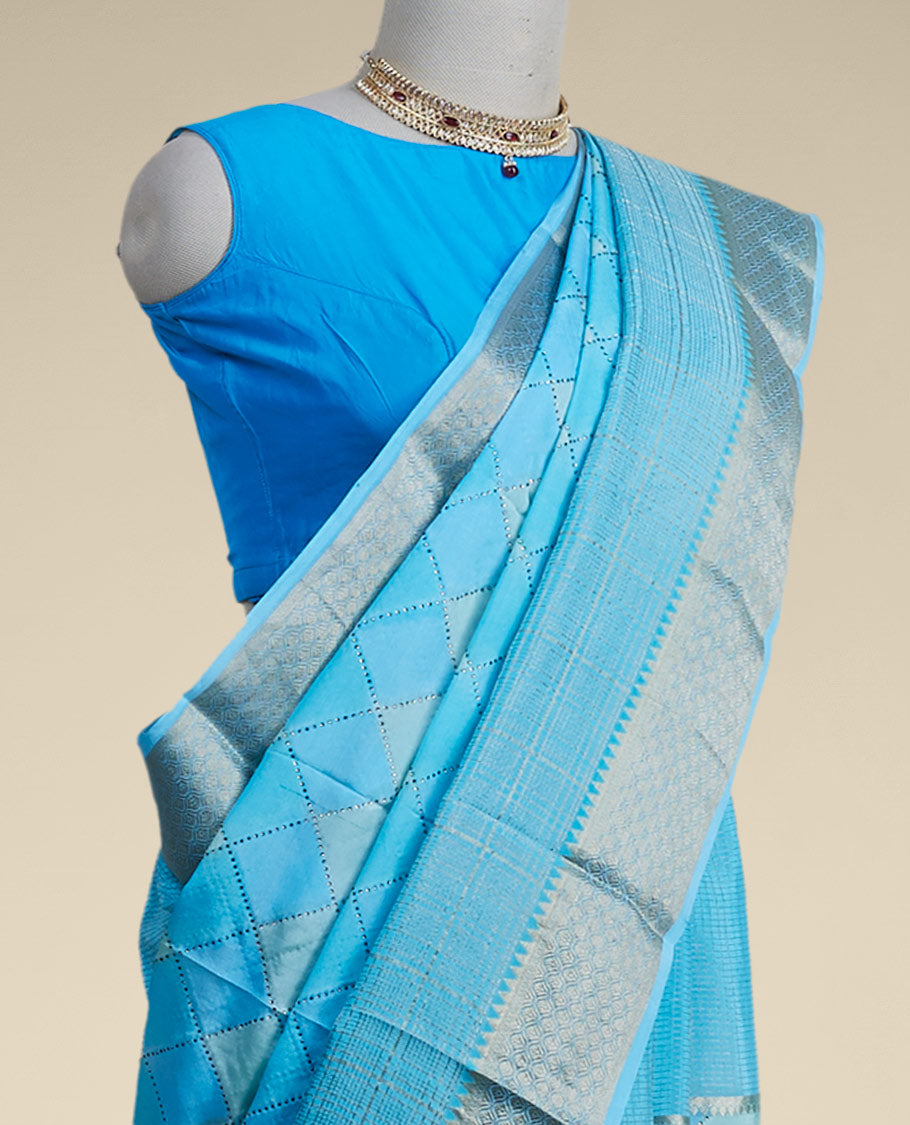 Blue checked mysore silk saree with self ogee pattern border