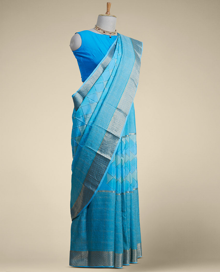 Blue checked mysore silk saree with self ogee pattern border