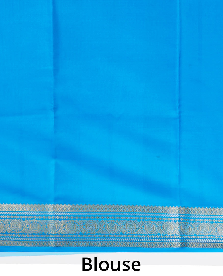 Blue checked with floral motifs mysore silk saree & traditional zari border