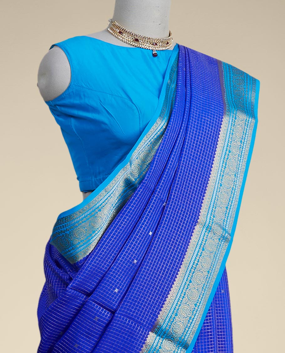 Blue checked with floral motifs mysore silk saree & traditional zari border
