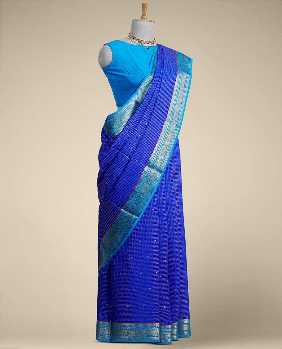 Blue checked with floral motifs mysore silk saree & traditional zari border