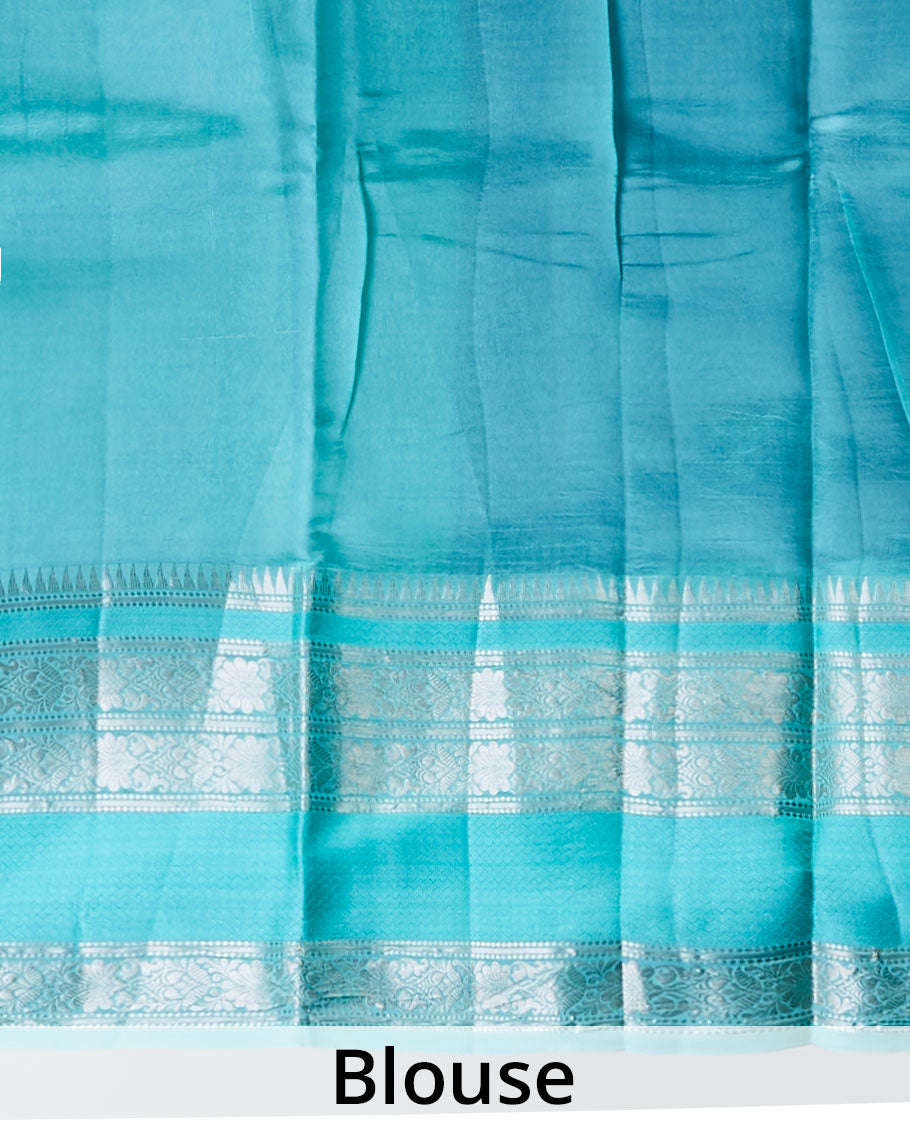 Blue checked with floral motifs dupion silk saree with traditional zari border