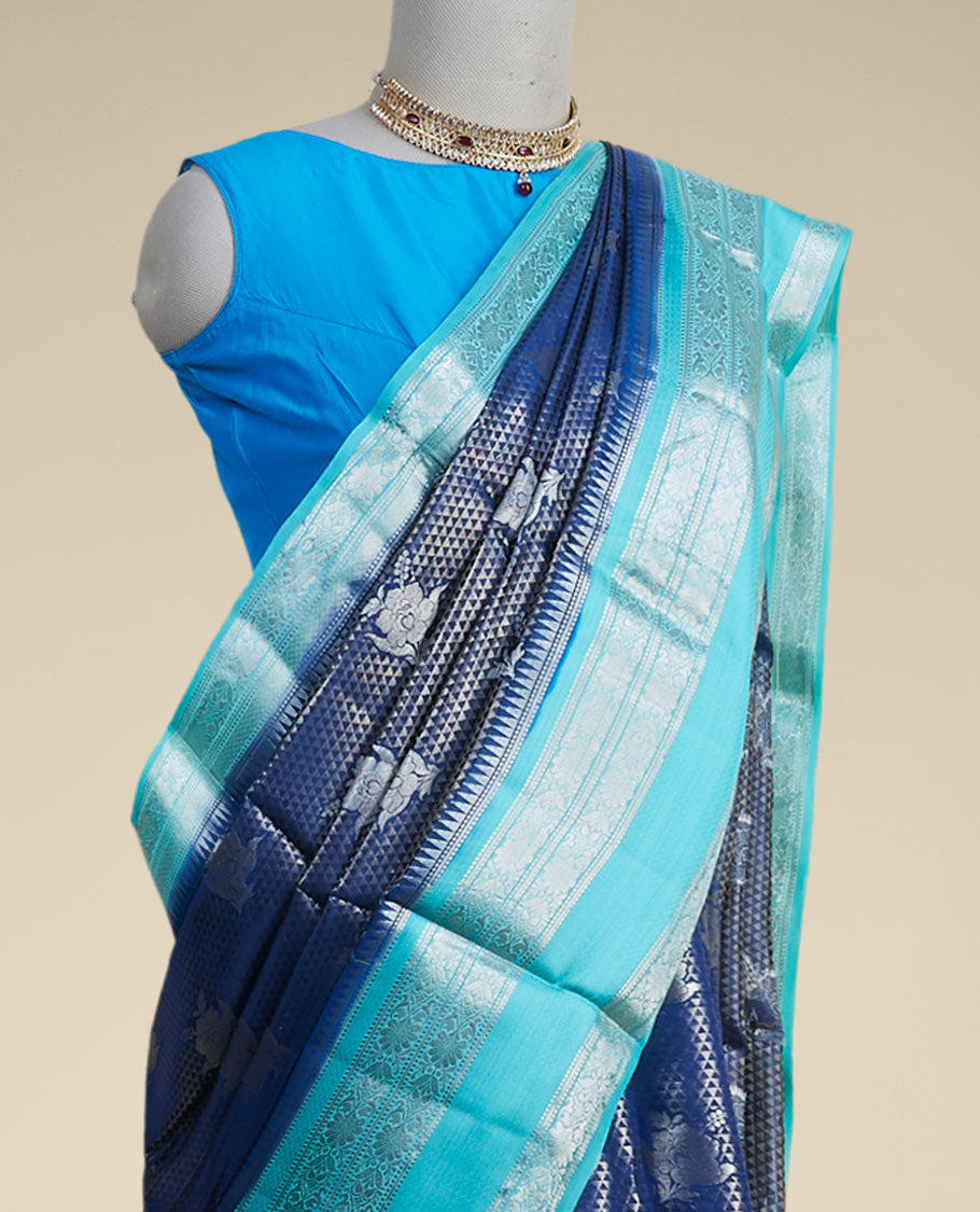 Blue checked with floral motifs dupion silk saree with traditional zari border