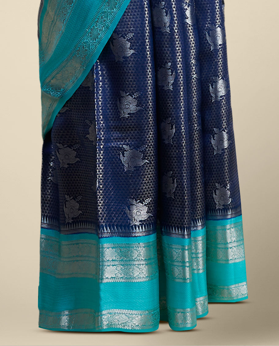 Blue checked with floral motifs dupion silk saree with traditional zari border