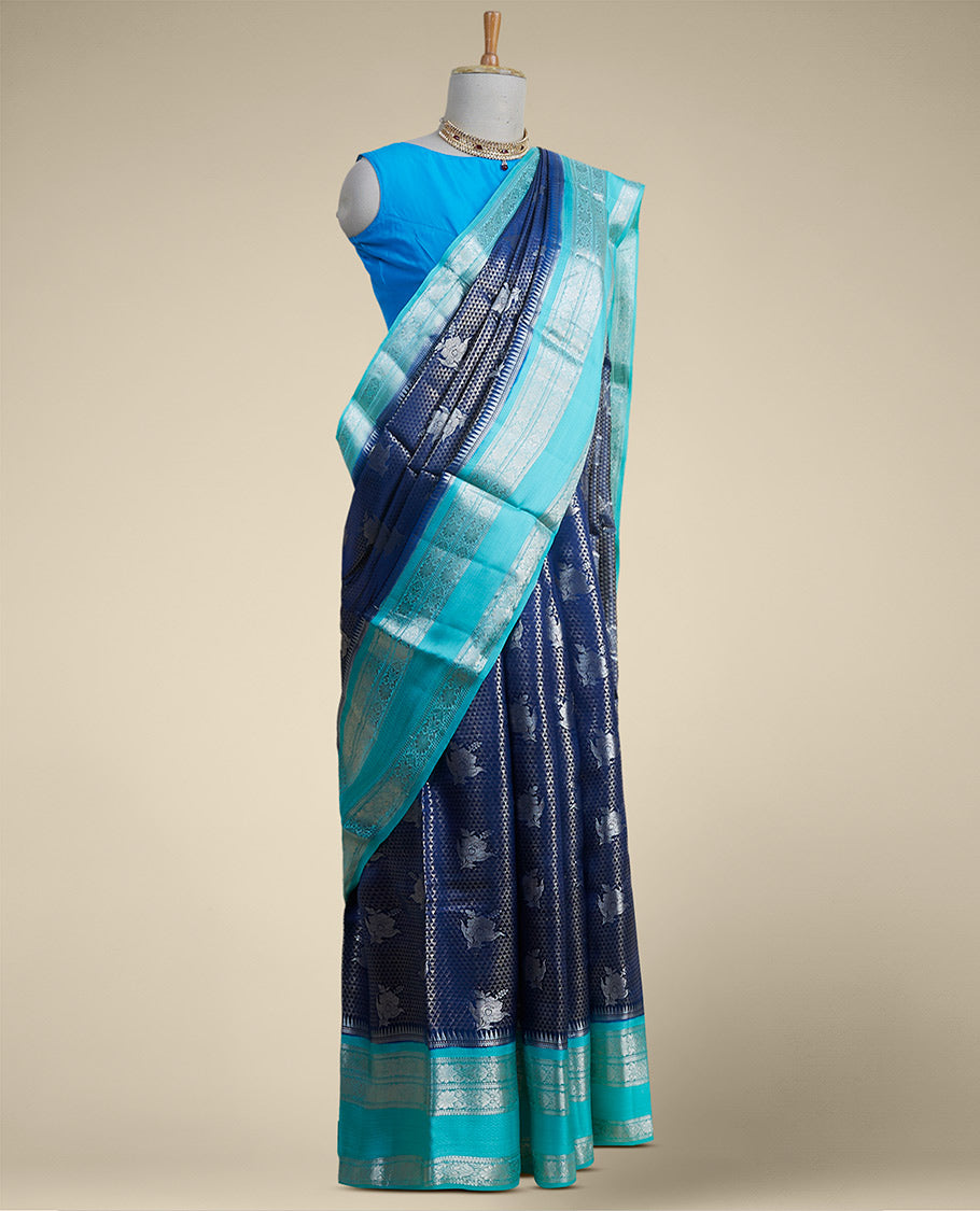 Blue checked with floral motifs dupion silk saree with traditional zari border