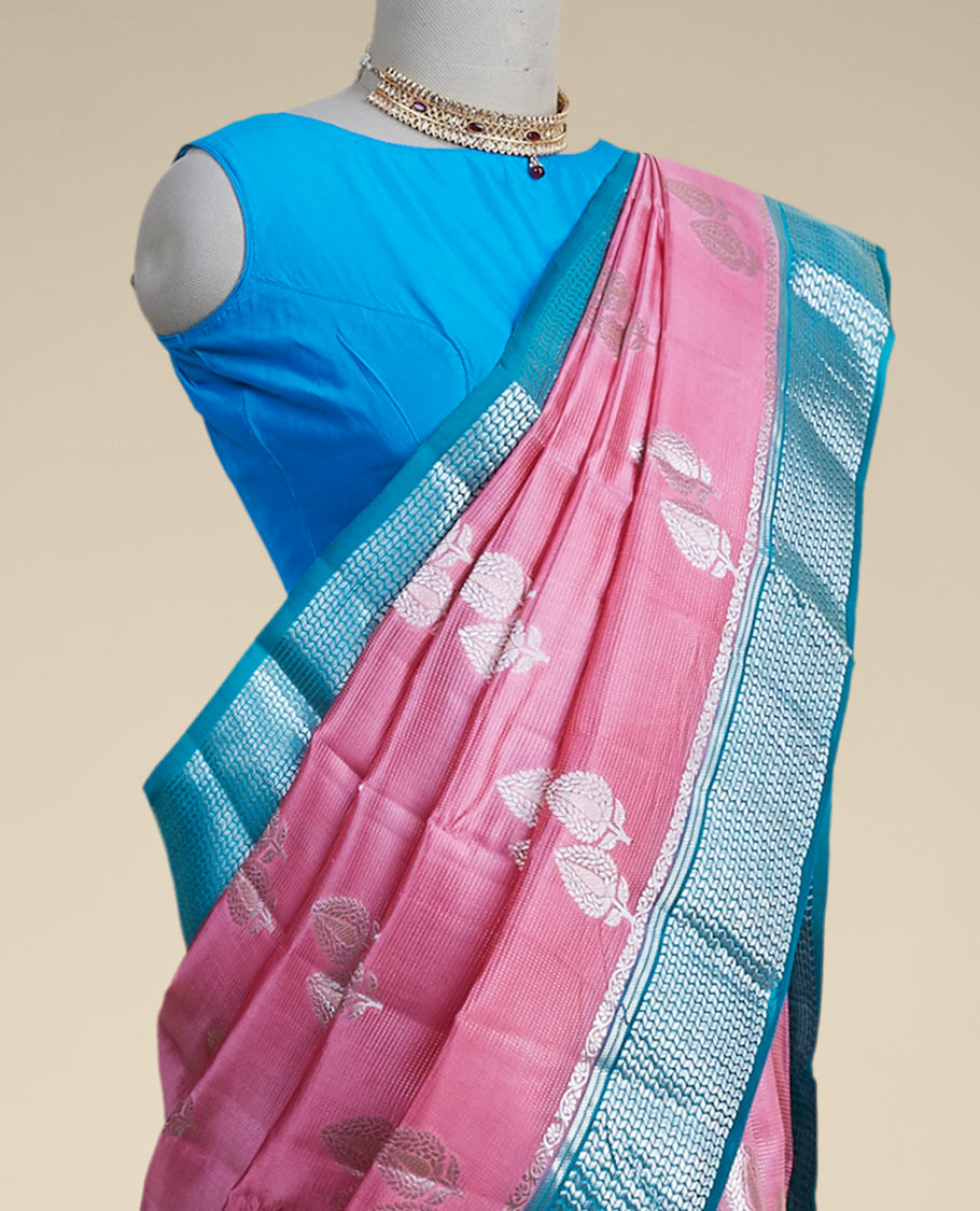 Pink leaf motifs dupion silk saree with intricate zari design border