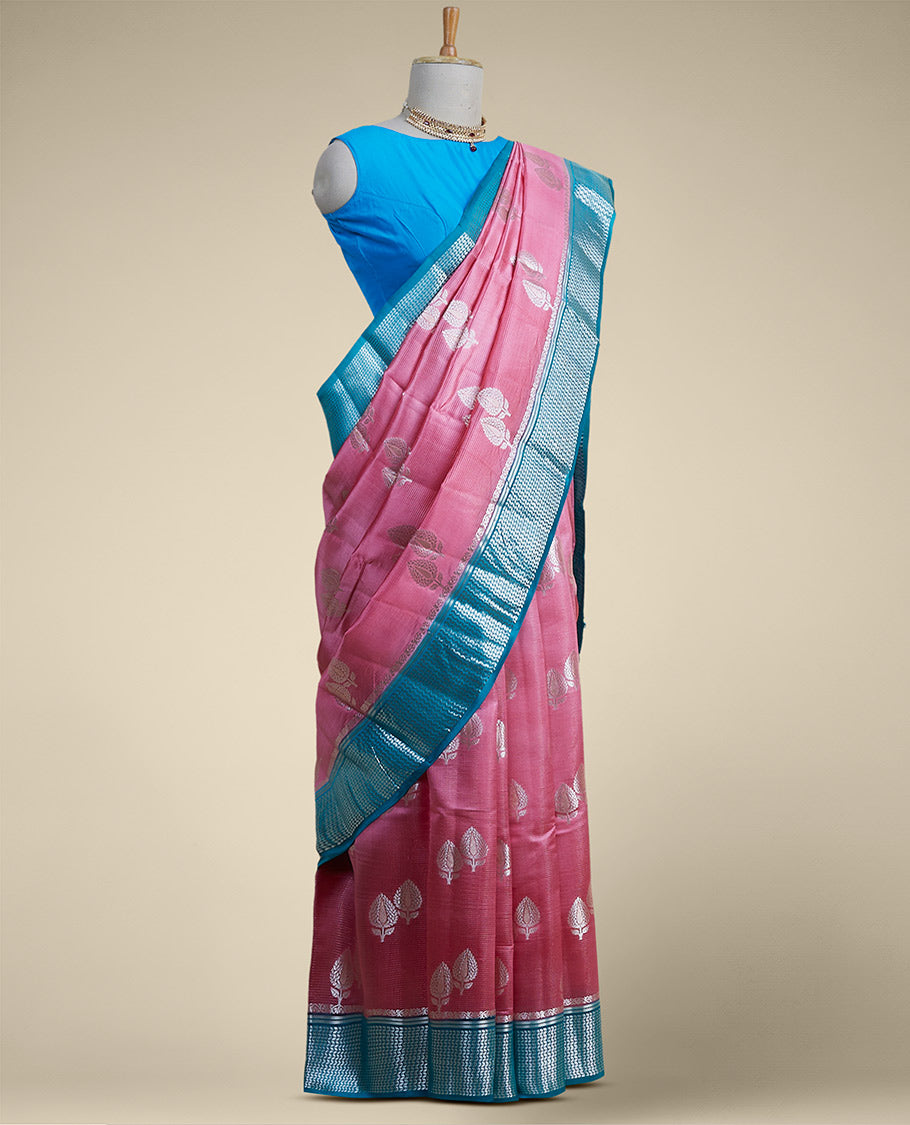 Pink leaf motifs dupion silk saree with intricate zari design border