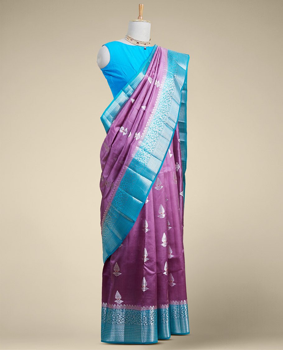 Purple leaf motifs dupion silk saree with intricate zari design border