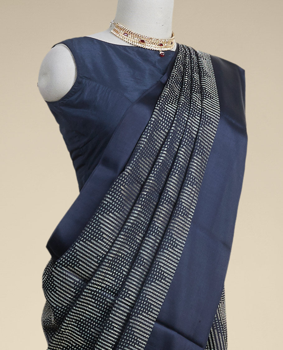 Black checked with zig zag stripes mysore silk saree & self pain border