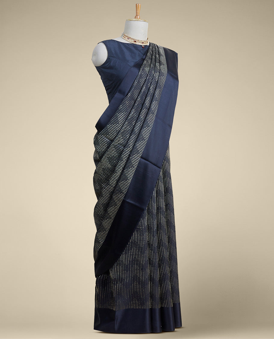 Black checked with zig zag stripes mysore silk saree & self pain border