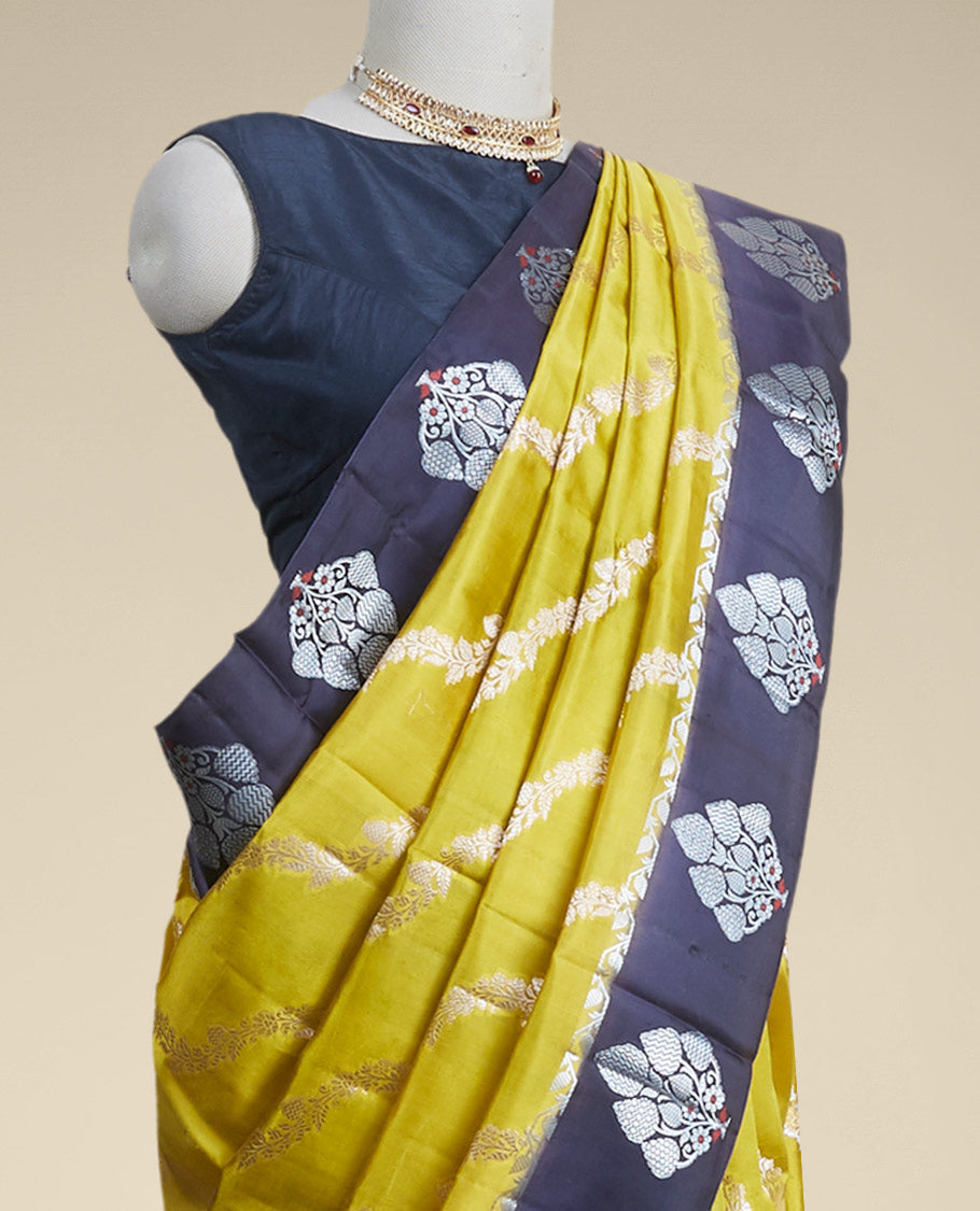 Yellow floral vine design dupio silk saree with contrast floral motifd border