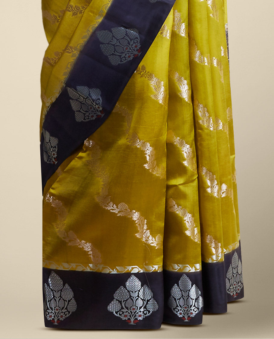 Yellow floral vine design dupio silk saree with contrast floral motifd border