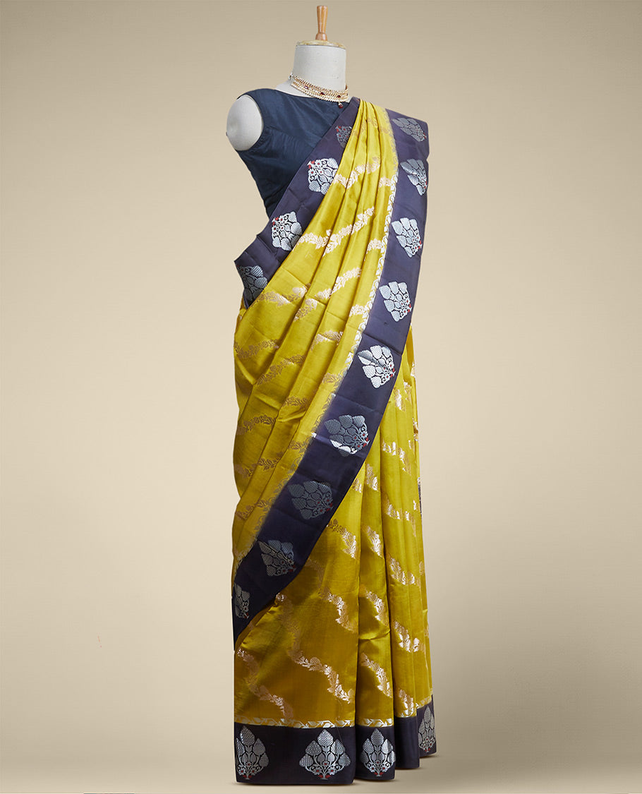 Yellow floral vine design dupio silk saree with contrast floral motifd border