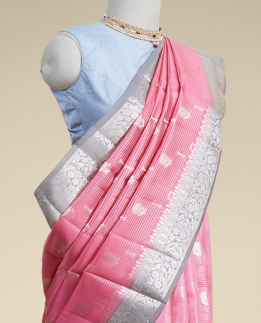 Pink checked with floral motifs dupion silk saree & contrast traditional zari border