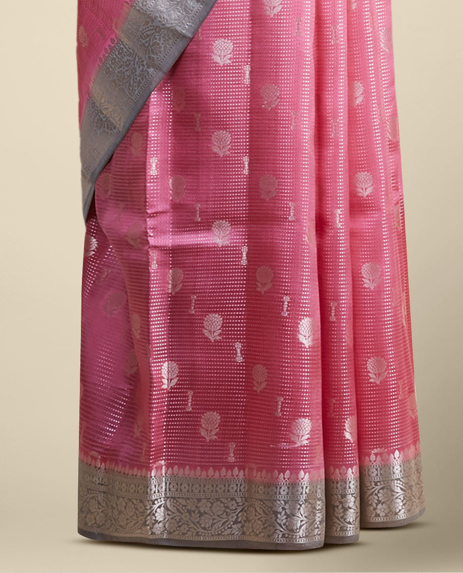 Pink checked with floral motifs dupion silk saree & contrast traditional zari border