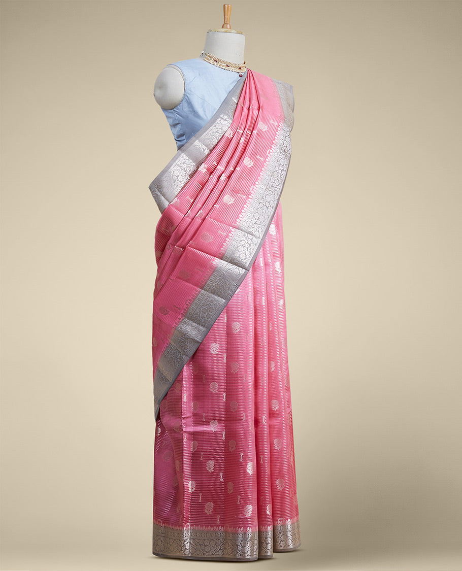 Pink checked with floral motifs dupion silk saree & contrast traditional zari border