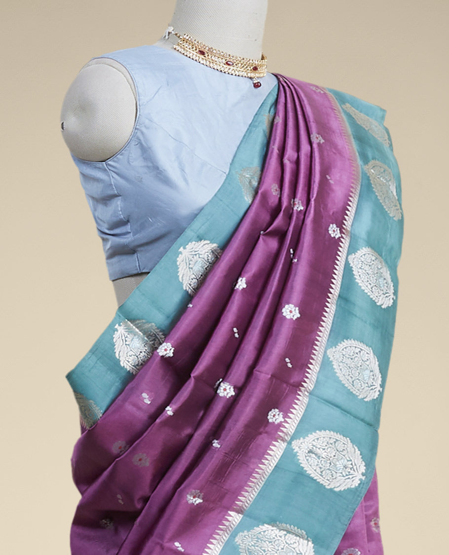 Purple  floral motifs dupion silk saree with contast zari design border