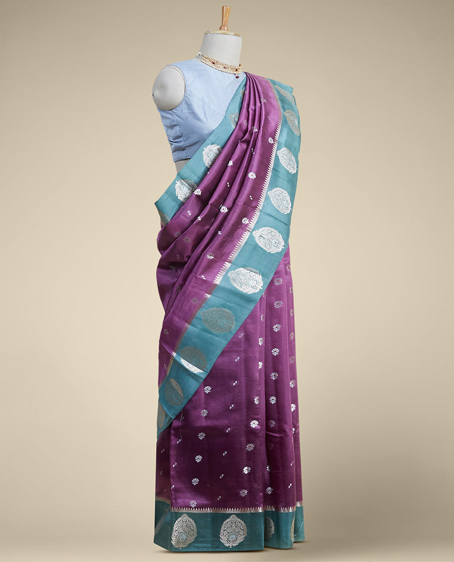 Purple  floral motifs dupion silk saree with contast zari design border