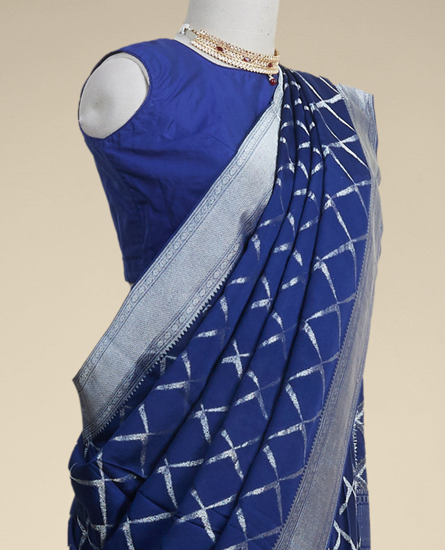 Blue checked mysore silk saree with contrast intricate zari border