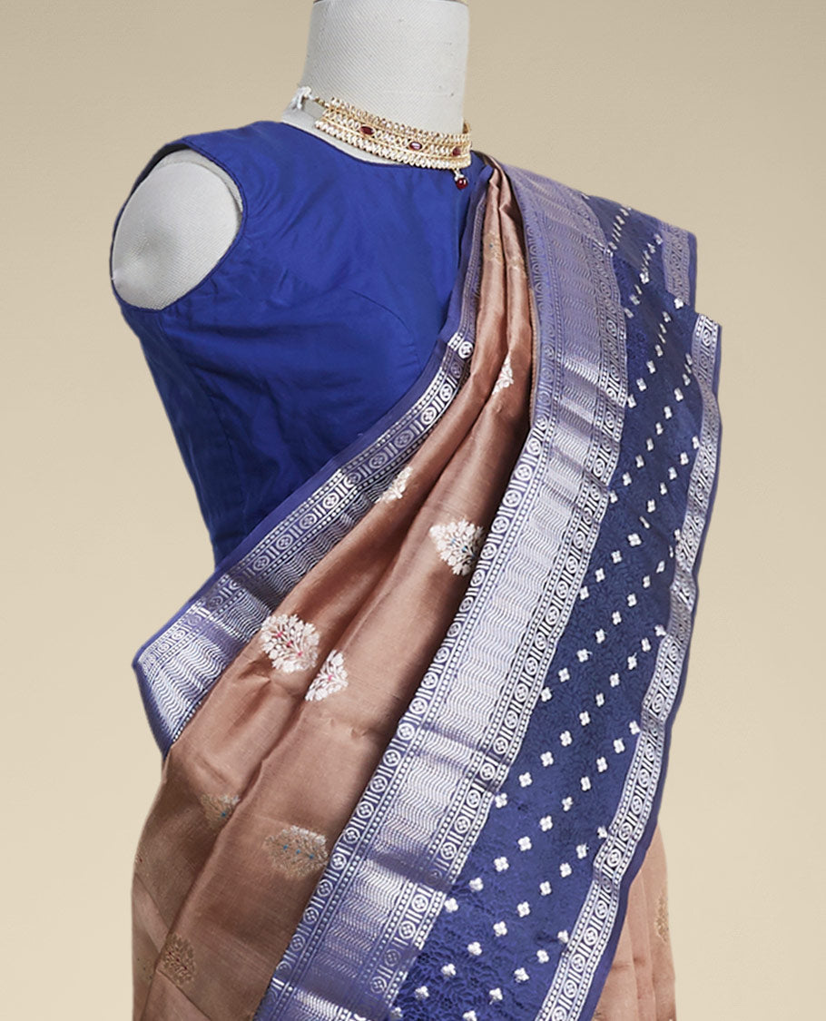 Brown leaf motifs dupion silk saree with contrast traditional zari border
