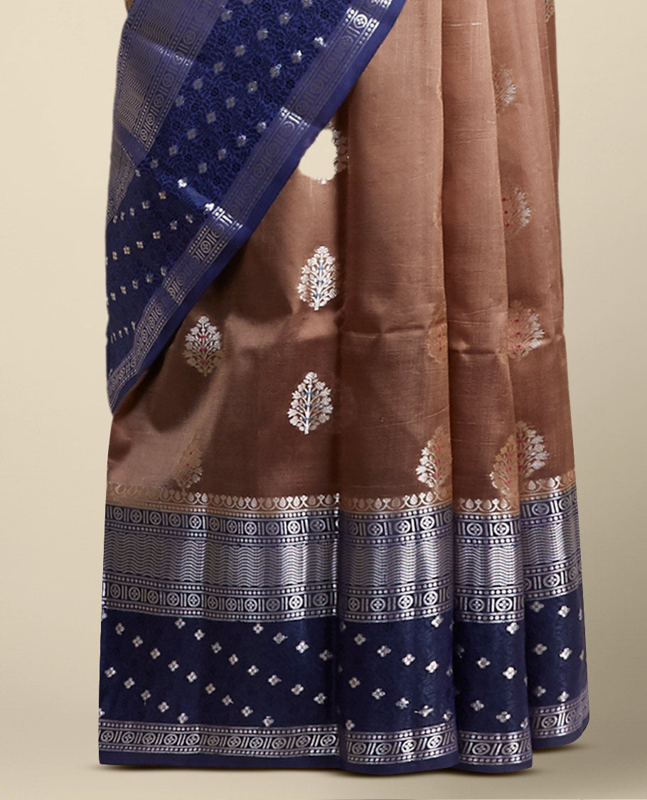 Brown leaf motifs dupion silk saree with contrast traditional zari border