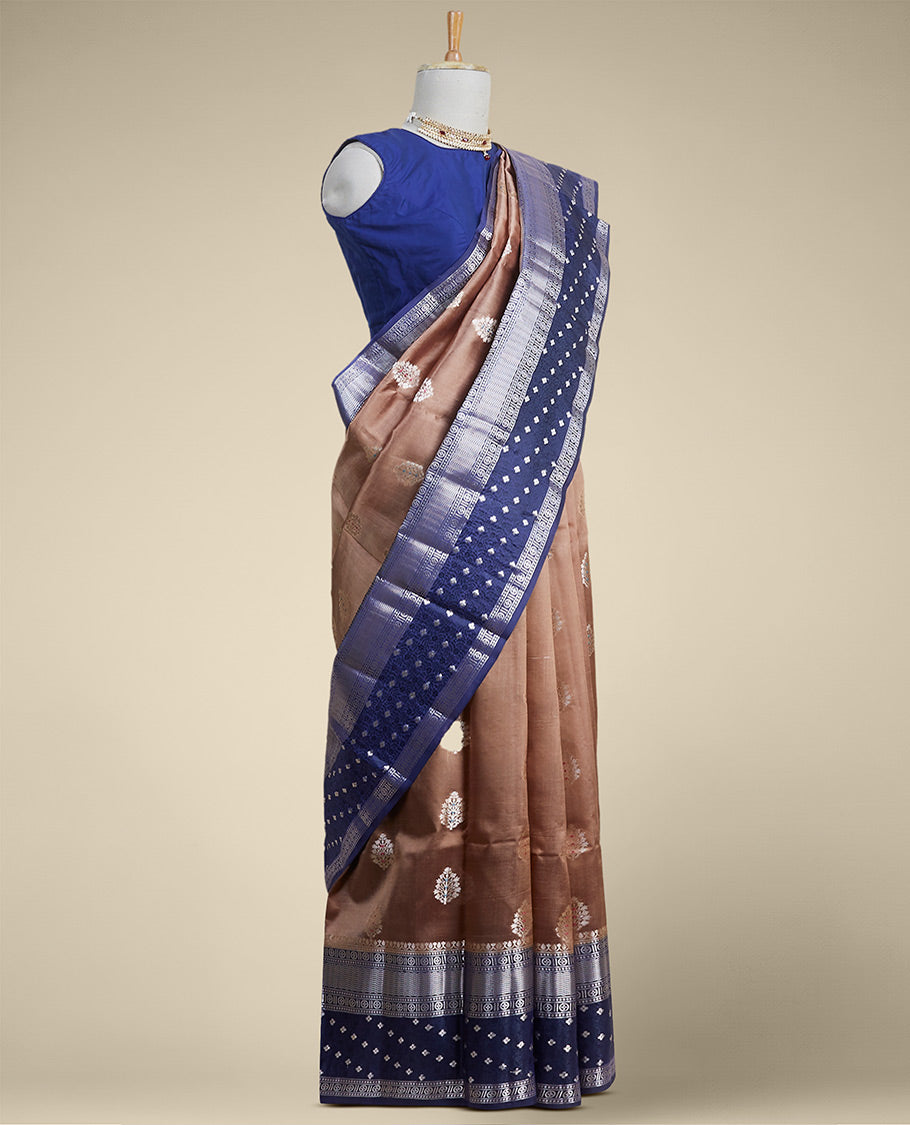 Brown leaf motifs dupion silk saree with contrast traditional zari border