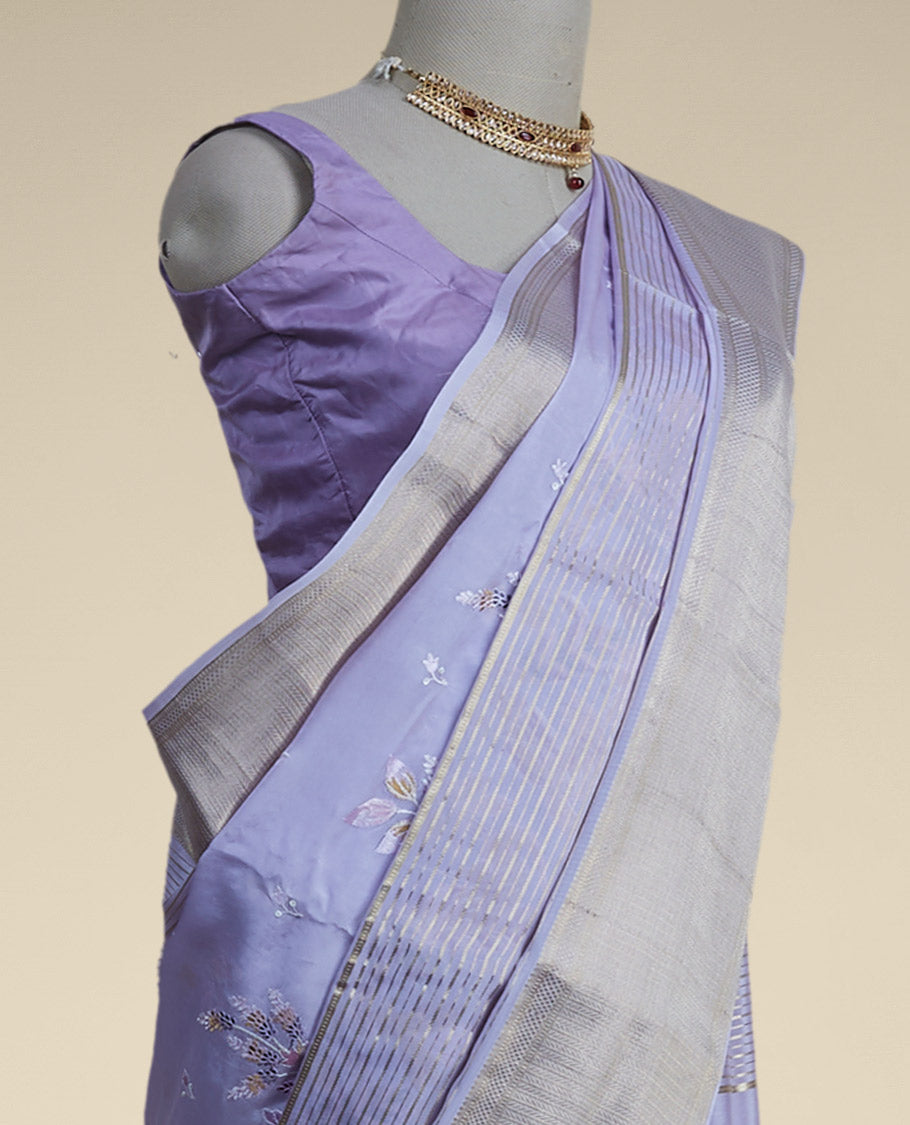 Lavender floral embroidery mysore silk saree with contrast striped zari bor
