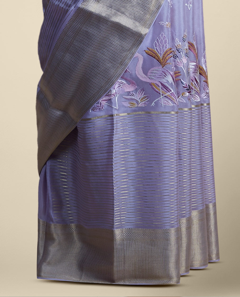 Lavender floral embroidery mysore silk saree with contrast striped zari bor