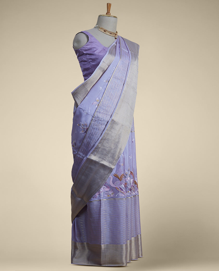 Lavender floral embroidery mysore silk saree with contrast striped zari bor