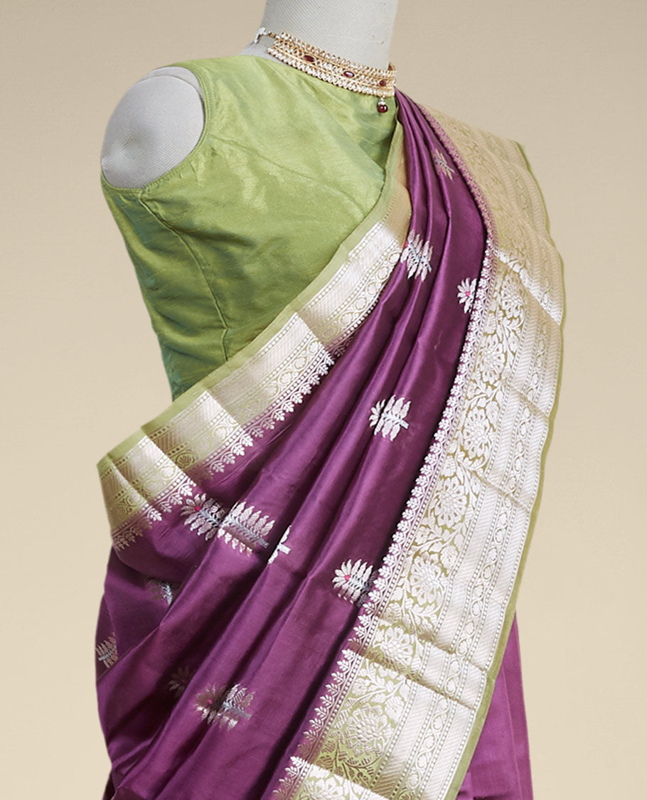 Purple floral motifs dupion silk saree with contrast traditional zari border
