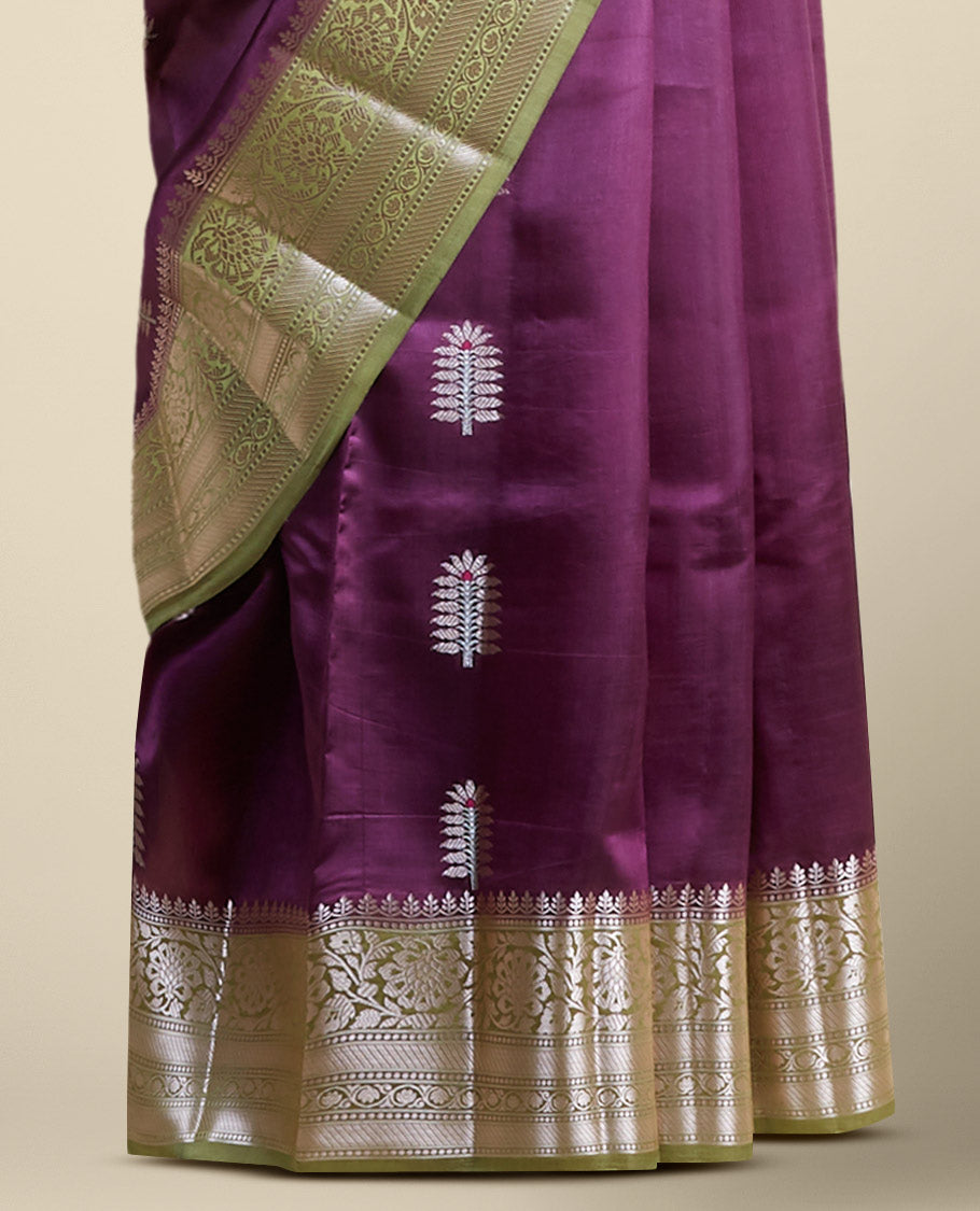 Purple floral motifs dupion silk saree with contrast traditional zari border