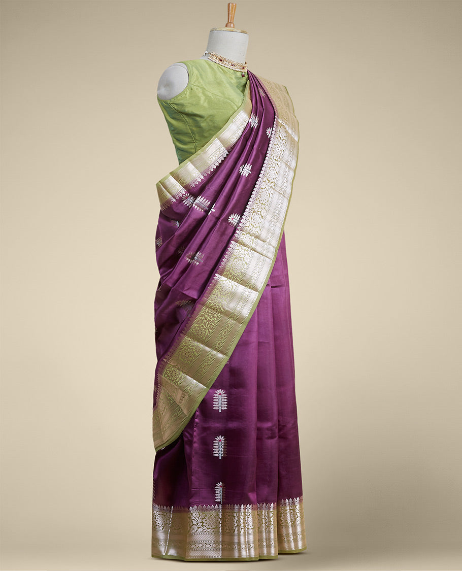 Purple floral motifs dupion silk saree with contrast traditional zari border