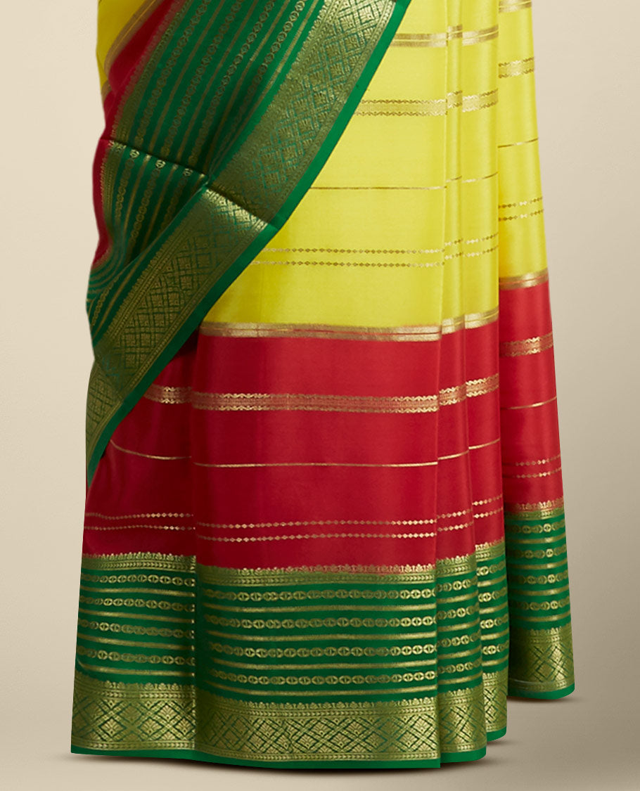 Yellow striped design mysore silk sare with contrast traditional zari border