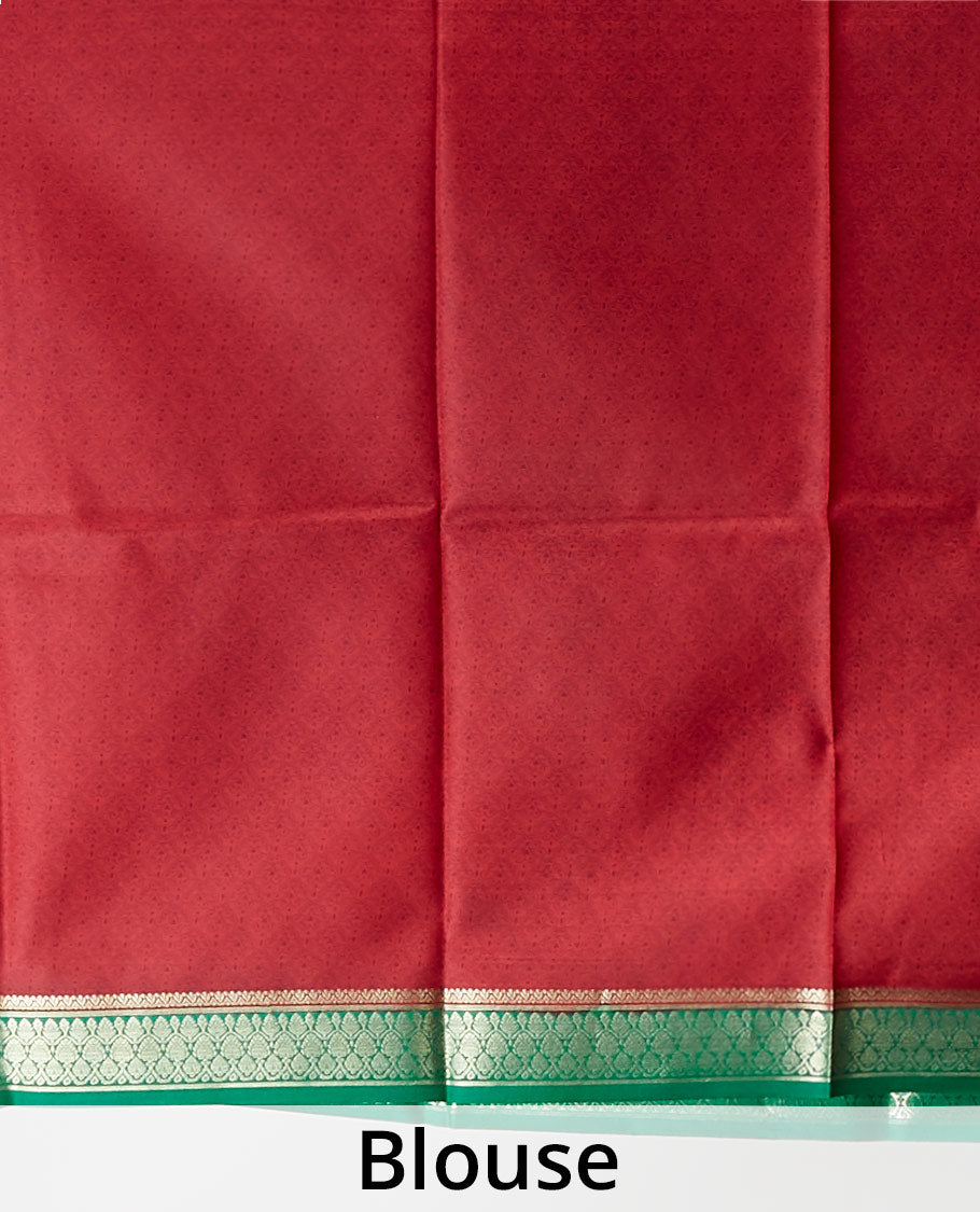 Red floral printed silk saree with contrast zari border