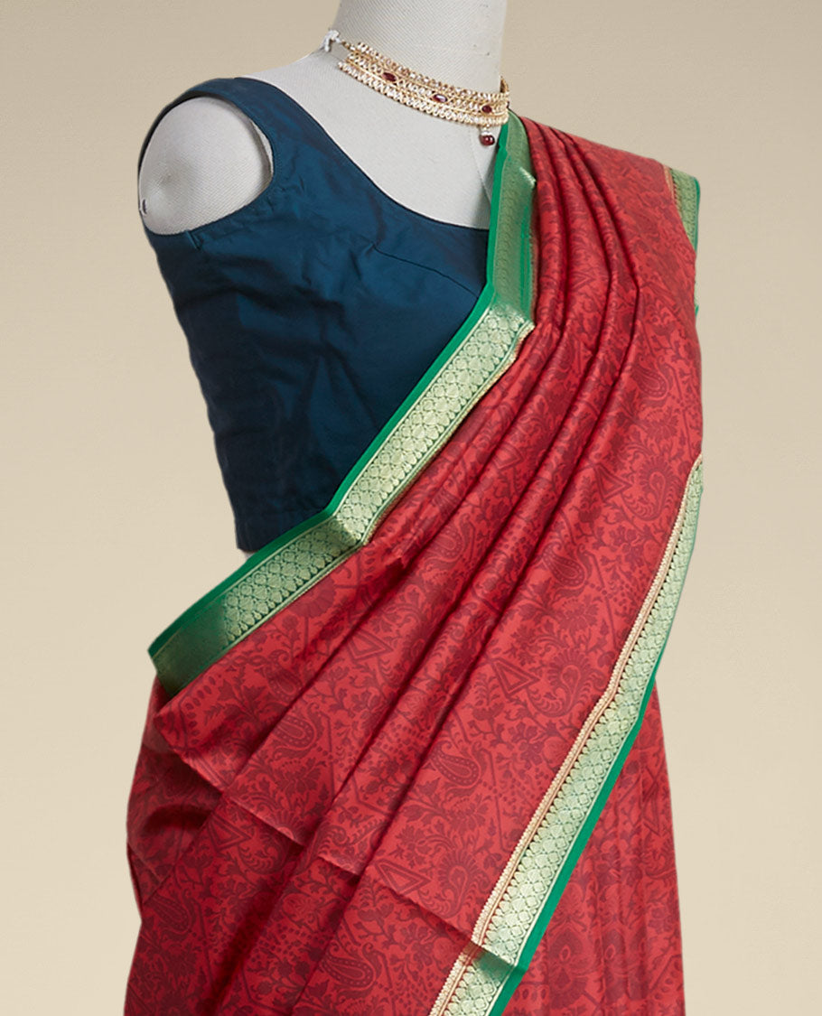 Red floral printed silk saree with contrast zari border