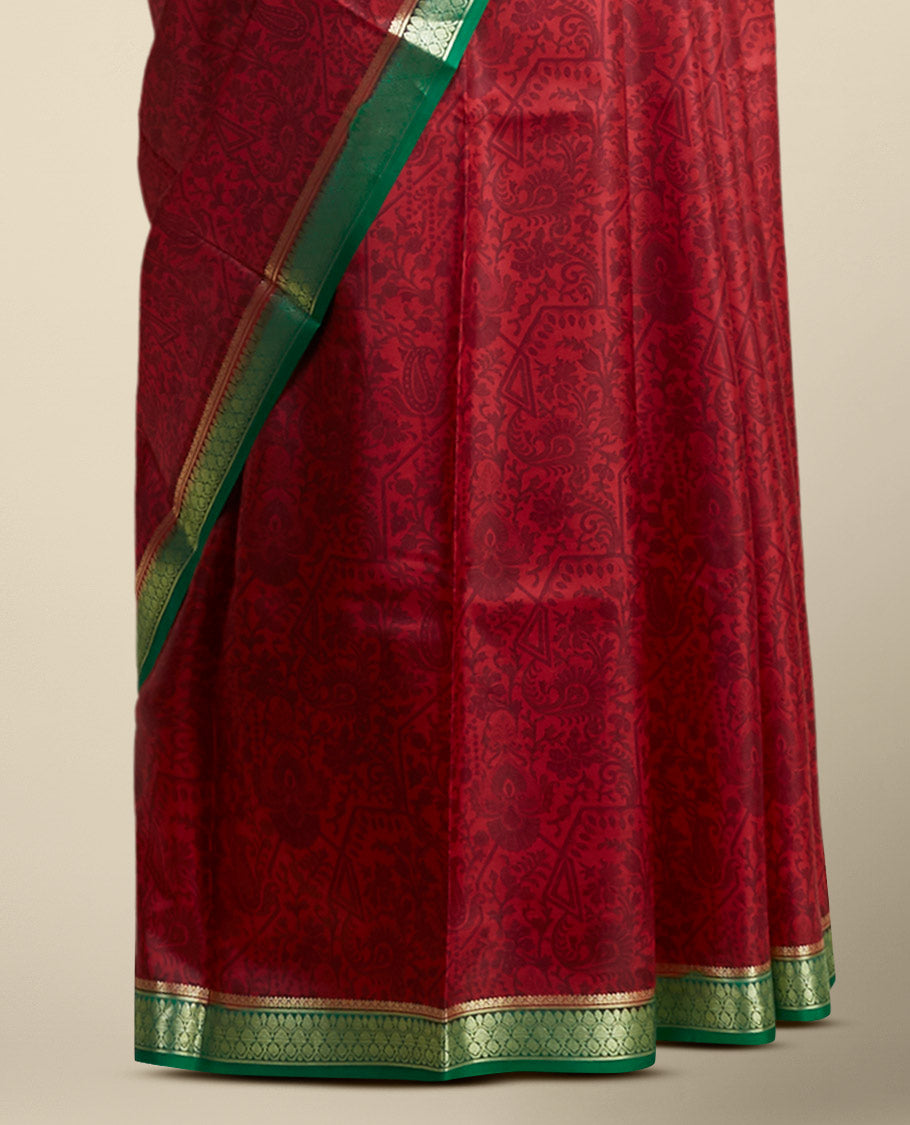 Red floral printed silk saree with contrast zari border