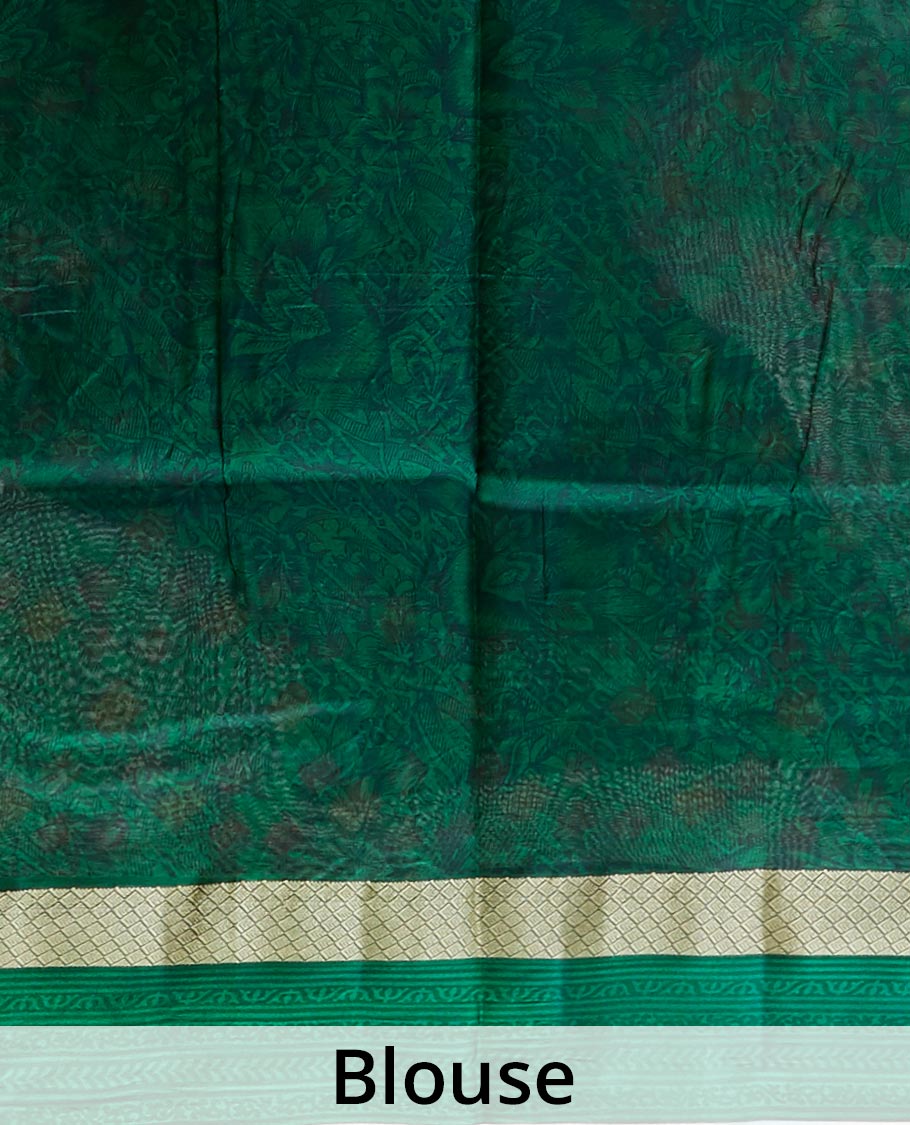Green geometric printed silk saree with contrast intricate design border
