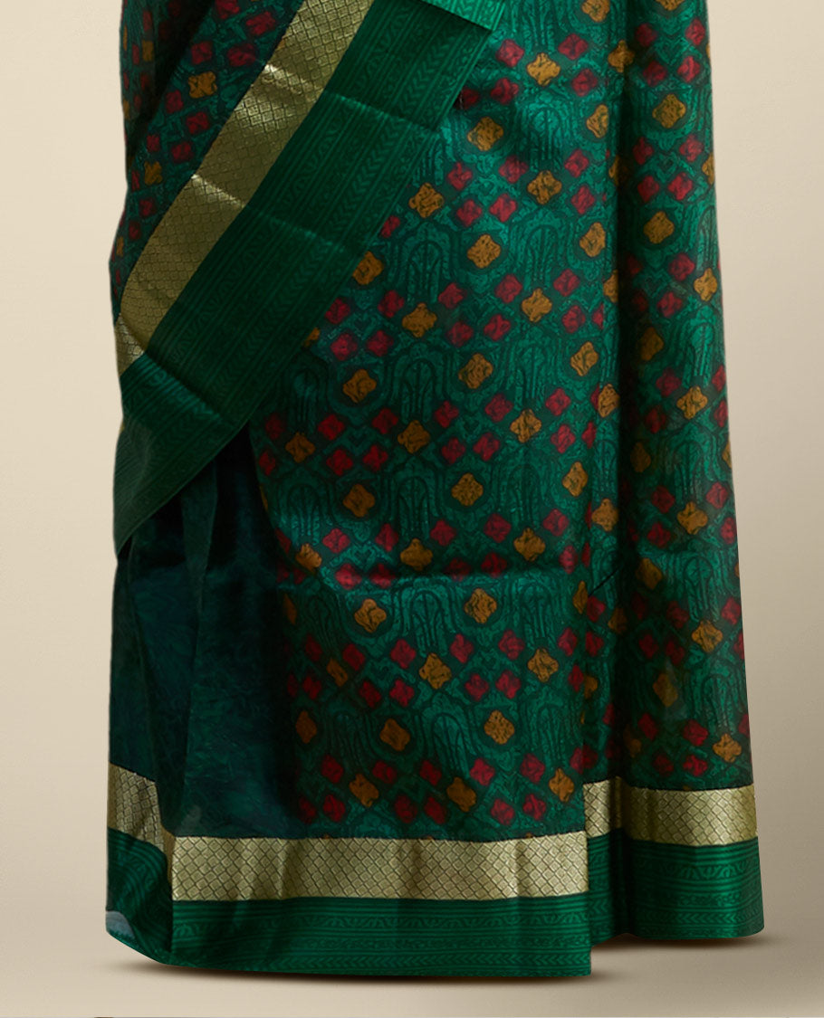 Green geometric printed silk saree with contrast intricate design border