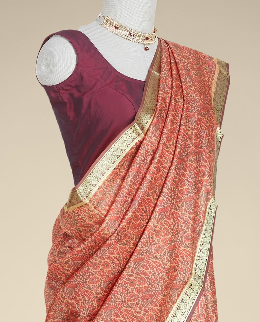Multi-colored floral printed silk saree with contrast floral design border