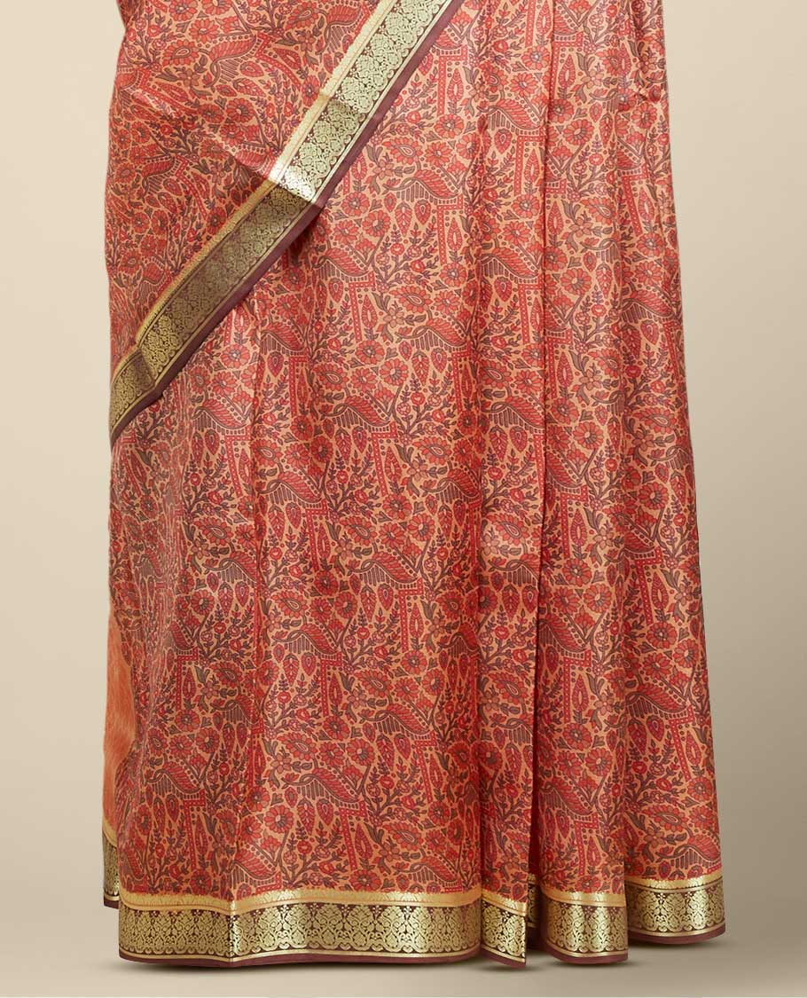 Multi-colored floral printed silk saree with contrast floral design border