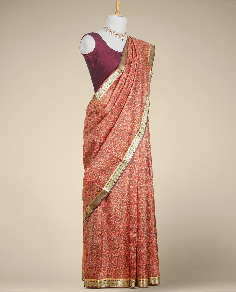 Multi-colored floral printed silk saree with contrast floral design border