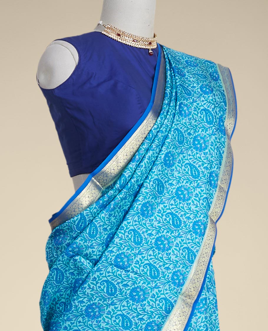 floral , paisleys printed silk saree with contrast intricate zari design border