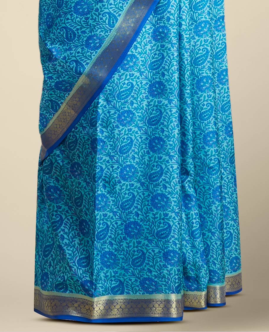 floral , paisleys printed silk saree with contrast intricate zari design border