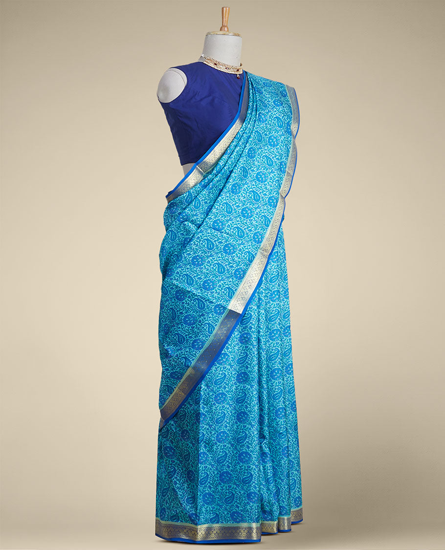 floral , paisleys printed silk saree with contrast intricate zari design border