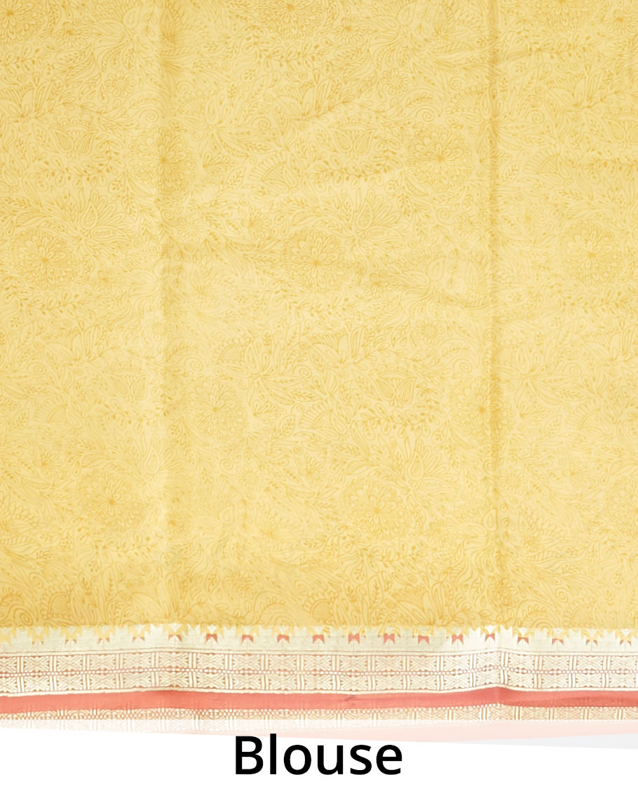 orange  floral printed silk saree with contrast intricate zari design border